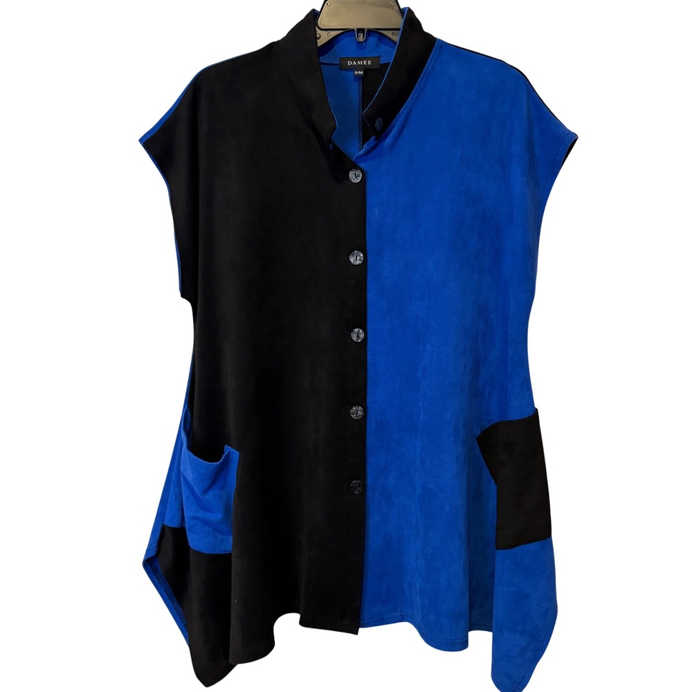 DAMEE Colorblock Faux Suede Sleeveless Tunic‎ Top Jacket Women's S/M Black Blue